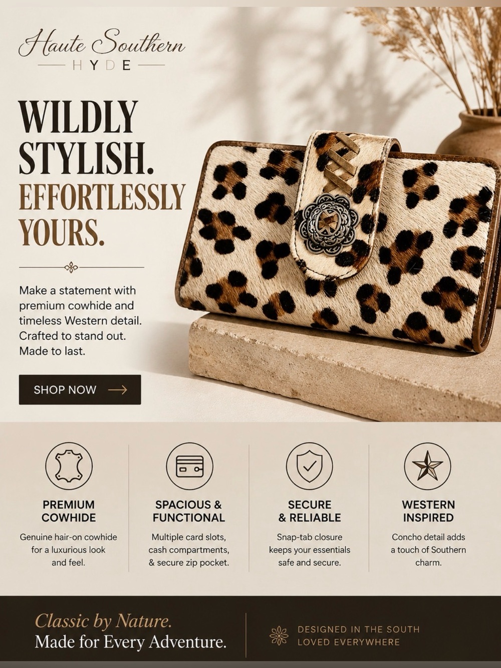 Haunte Southern Hyde Leopard Print cowhide leather Clutch Wallet